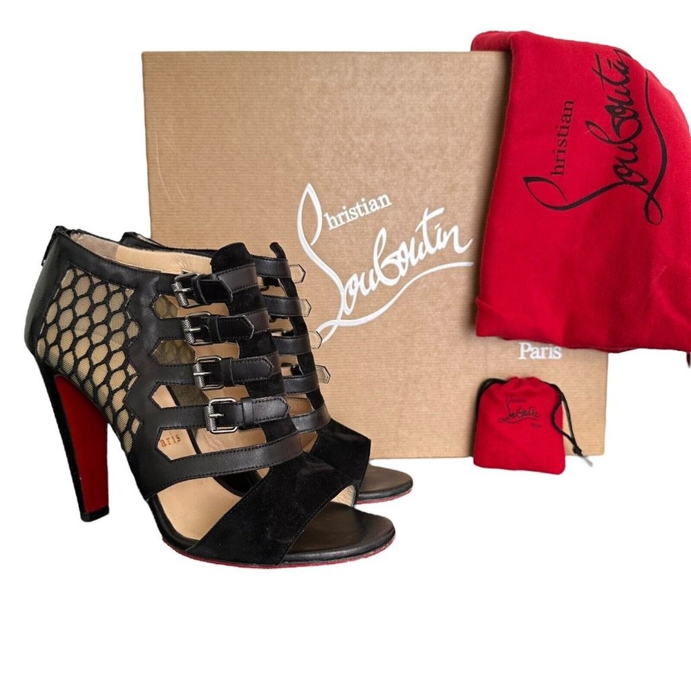 Christian Louboutin Black Red Sole Strappy Mesh High Heel Sandals